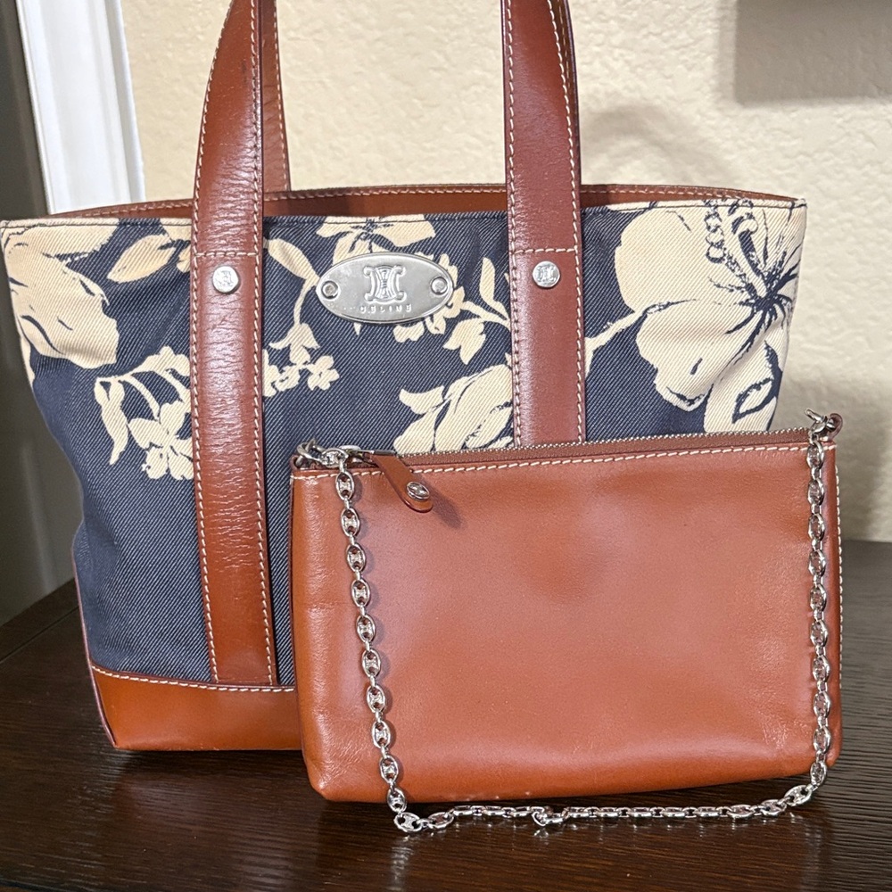 Celine Navy and Brown Floral Tote Bag with Pouch